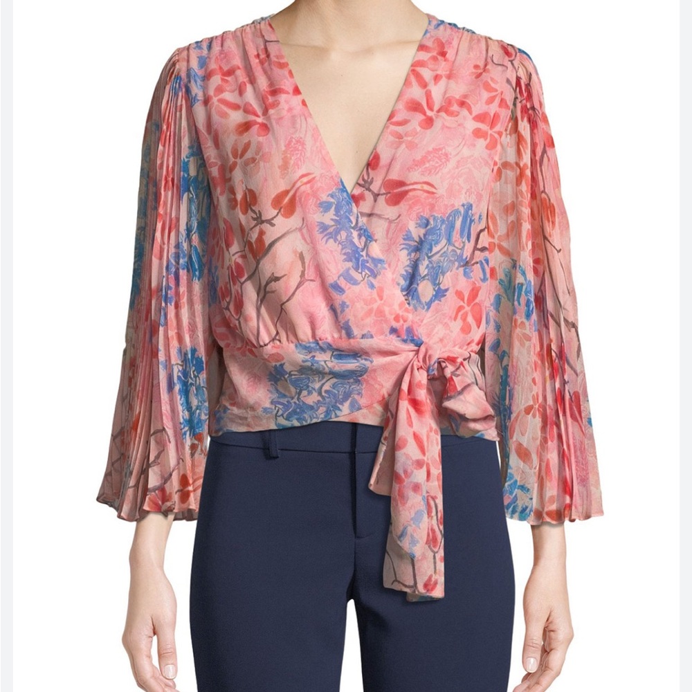 Alice + Olivia Pleated-Sleeve Floral-Print Silk Wrap Blouse
